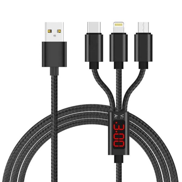 TOPK 3in1 Current LED Display Durable Nylon Weave USB Charging Cable for Micro,Iphone and Type C cable