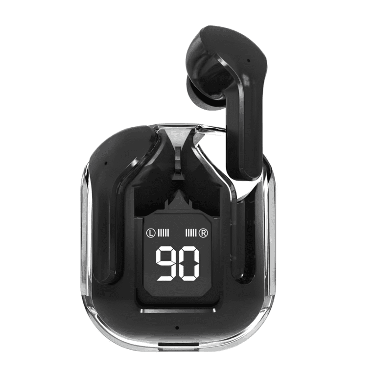Air 39 transparent wireless earbuds with Bluetooth connectivity, compact charging case, and high-quality sound for music and calls