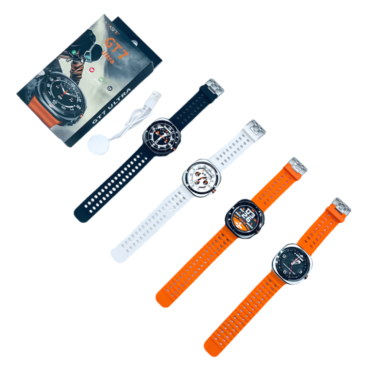GT7 round dial ultra smartwatch with full touch display, fitness tracking features, heart rate monitoring, and Bluetooth calling support