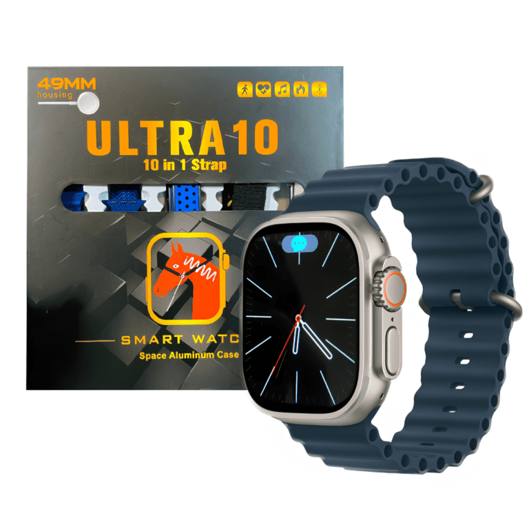 Ultra 10 smart watch 10-in-1 features with large HD display, Bluetooth calling, fitness tracking, and multiple health monitoring functions